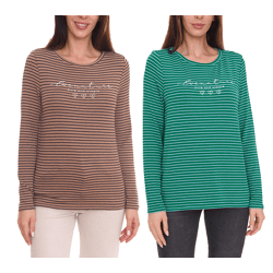Street One Damen Langarm-Shirt gestreifter Pullover mit Schriftzug auf der Front Braun/Schwarz oder Grün/Weiß