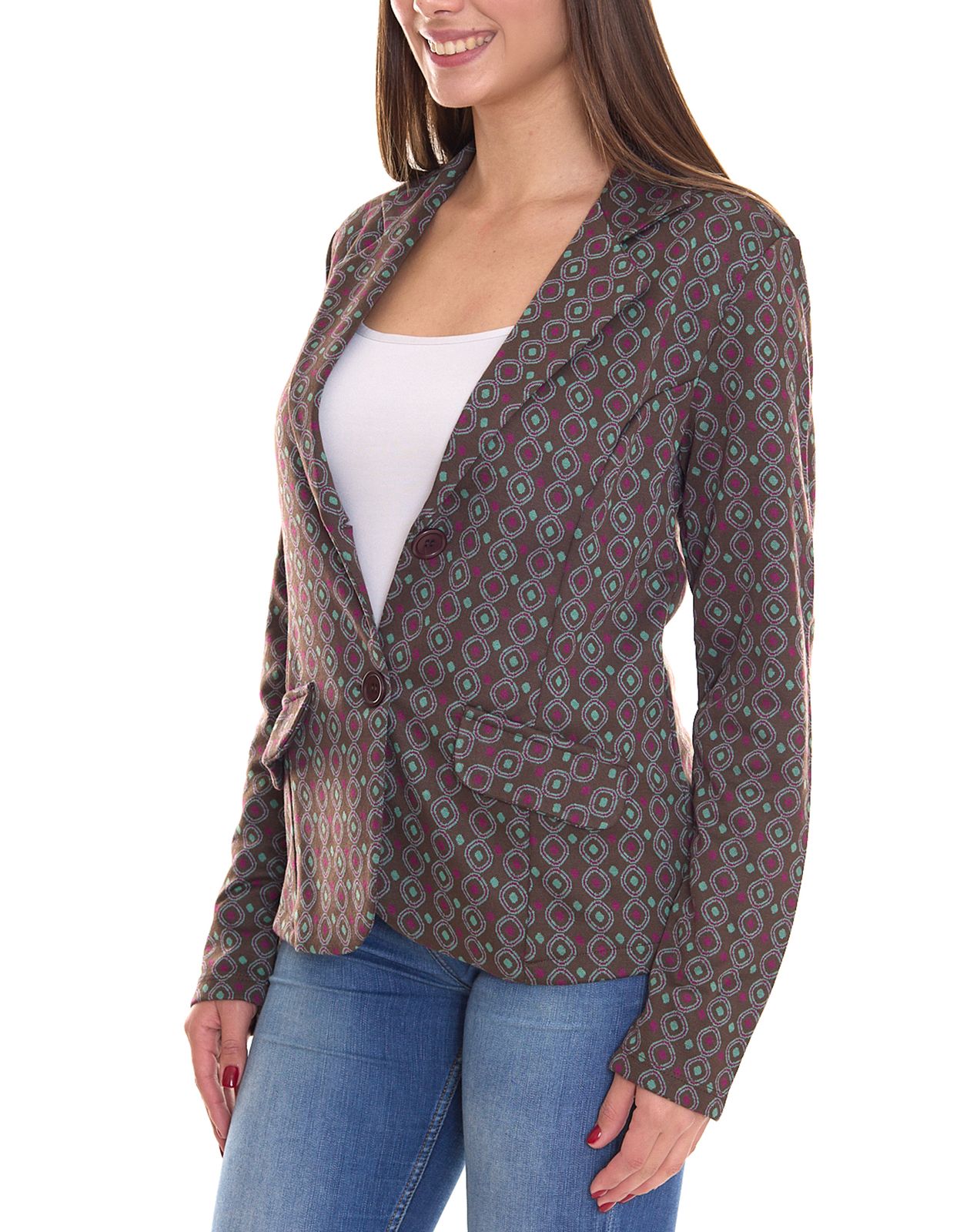 Aniston CASUALS Damen Blazer Kurz-Jacke mit Kn&ouml;pfen 56919808 Gr&uuml;n/Braun