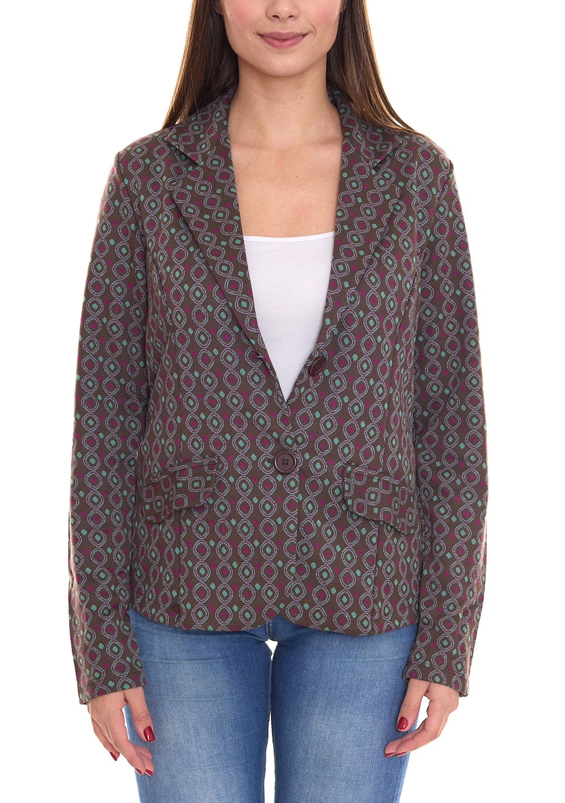 Aniston CASUALS Damen Blazer Kurz-Jacke mit Kn&ouml;pfen 56919808 Gr&uuml;n/Braun