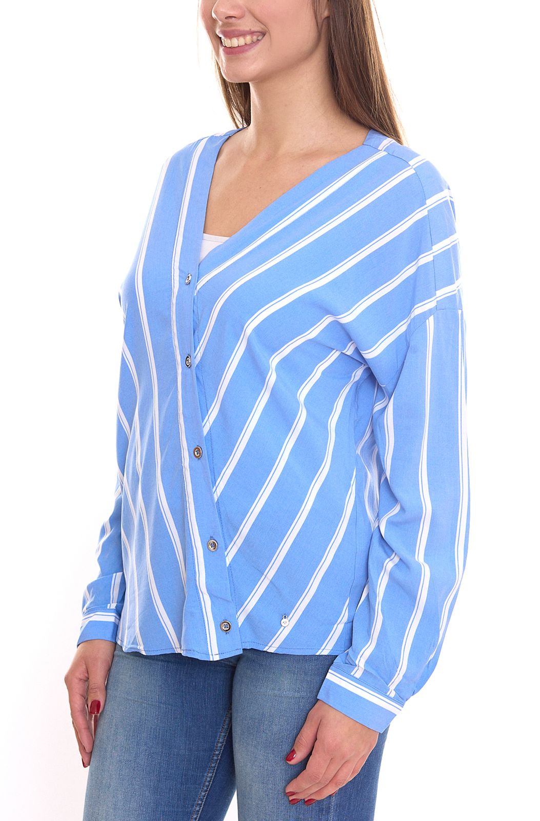 AjC Damen Schlupf-Bluse nachhaltige V-Neck Bluse gestreift 48173418 Blau/Wei&szlig;