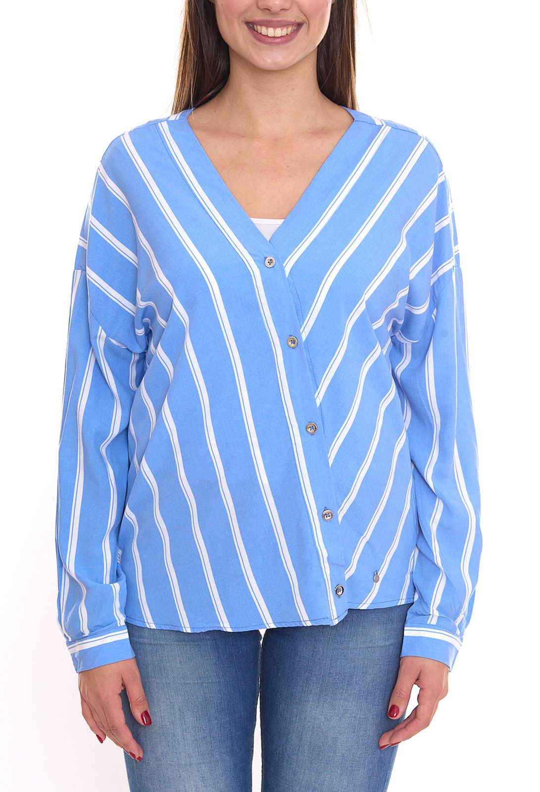AjC Damen Schlupf-Bluse nachhaltige V-Neck Bluse gestreift 48173418 Blau/Wei&szlig;