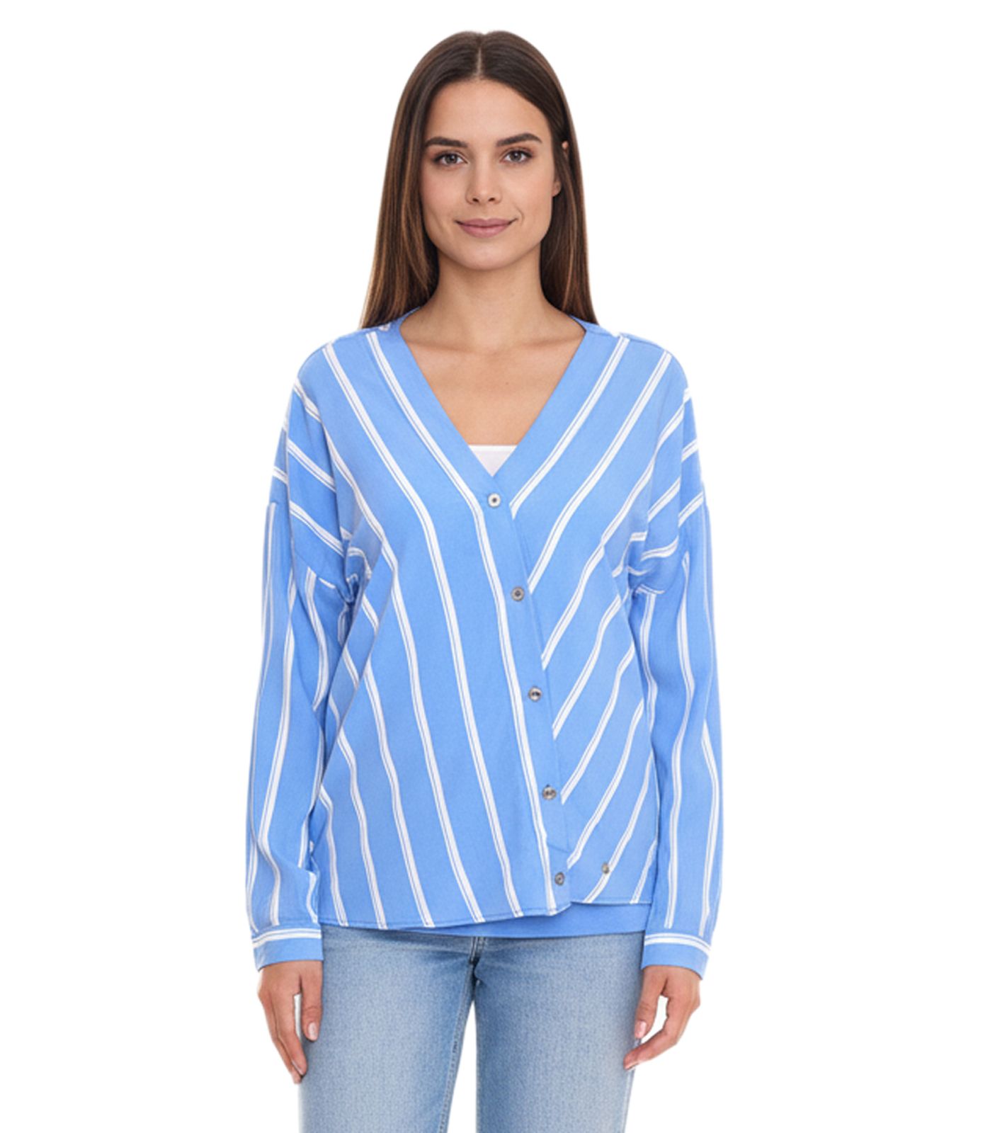 AjC Damen Schlupf-Bluse nachhaltige V-Neck Bluse gestreift 48173418 Blau/Wei&szlig;