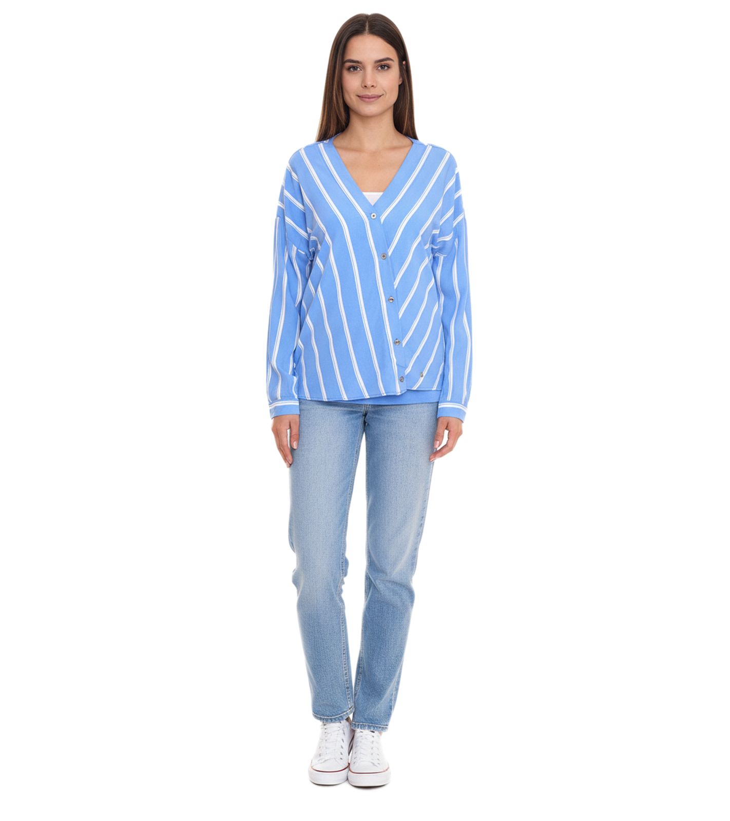 AjC Damen Schlupf-Bluse nachhaltige V-Neck Bluse gestreift 48173418 Blau/Wei&szlig;