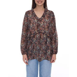 Aniston Damen Sommer-Bluse mit Rüschen-Details Langarm-Shirt mit Allover-Print Arbeits-Bluse 88608001 Braun/Grün/Schwarz