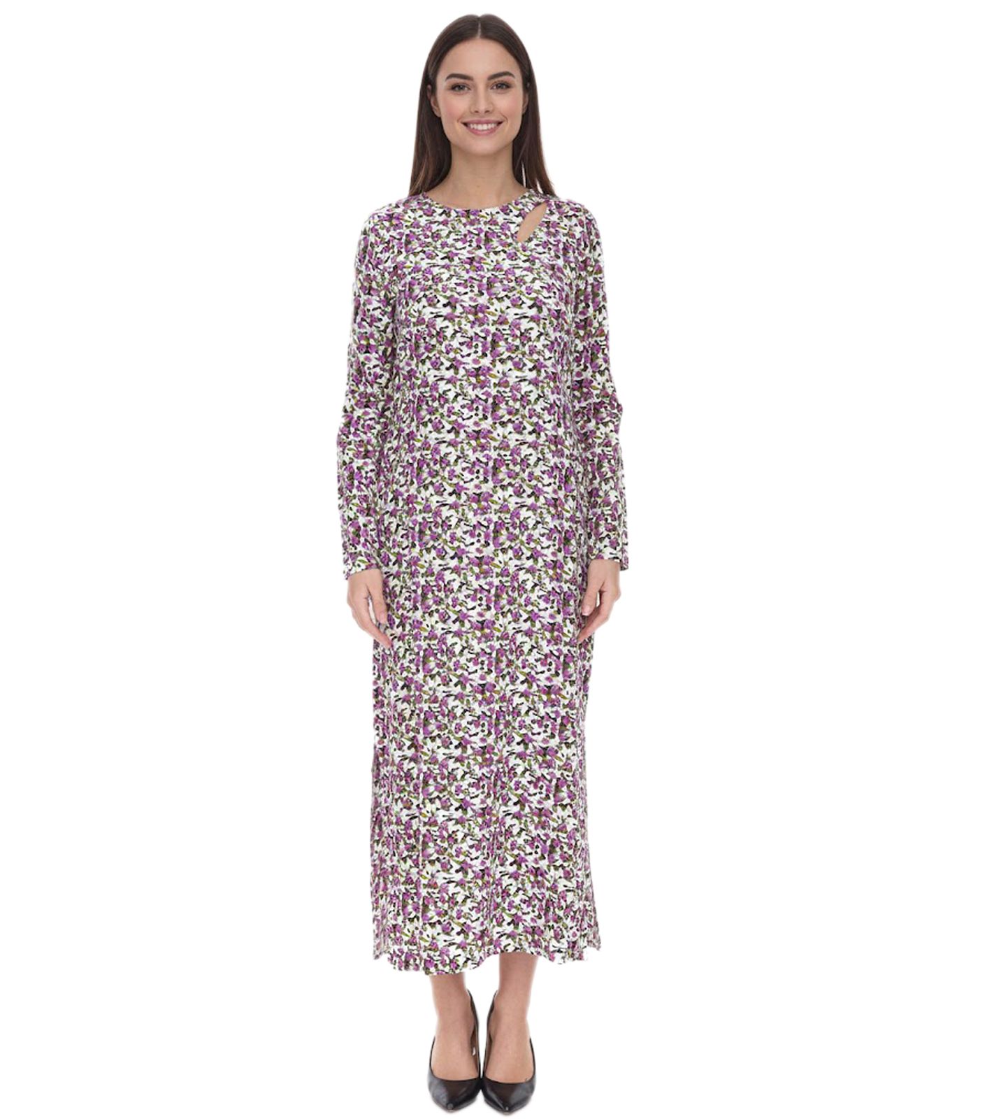 Aniston Damen Sommer-Kleid mit floralem Allover-Print Maxi-Kleid 28702063 Wei&szlig;/ Lila/Gr&uuml;n