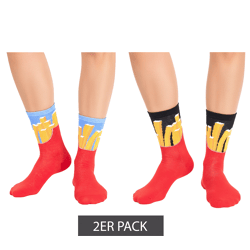 2 Paar TASTIQ Baumwoll-Socken mit Pommes-Print lange Strümpfe in stylischer Pommestüten-Geschenkbox TAS/1/CSX2/FRI Rot/Gelb/Schwarz/Hellb