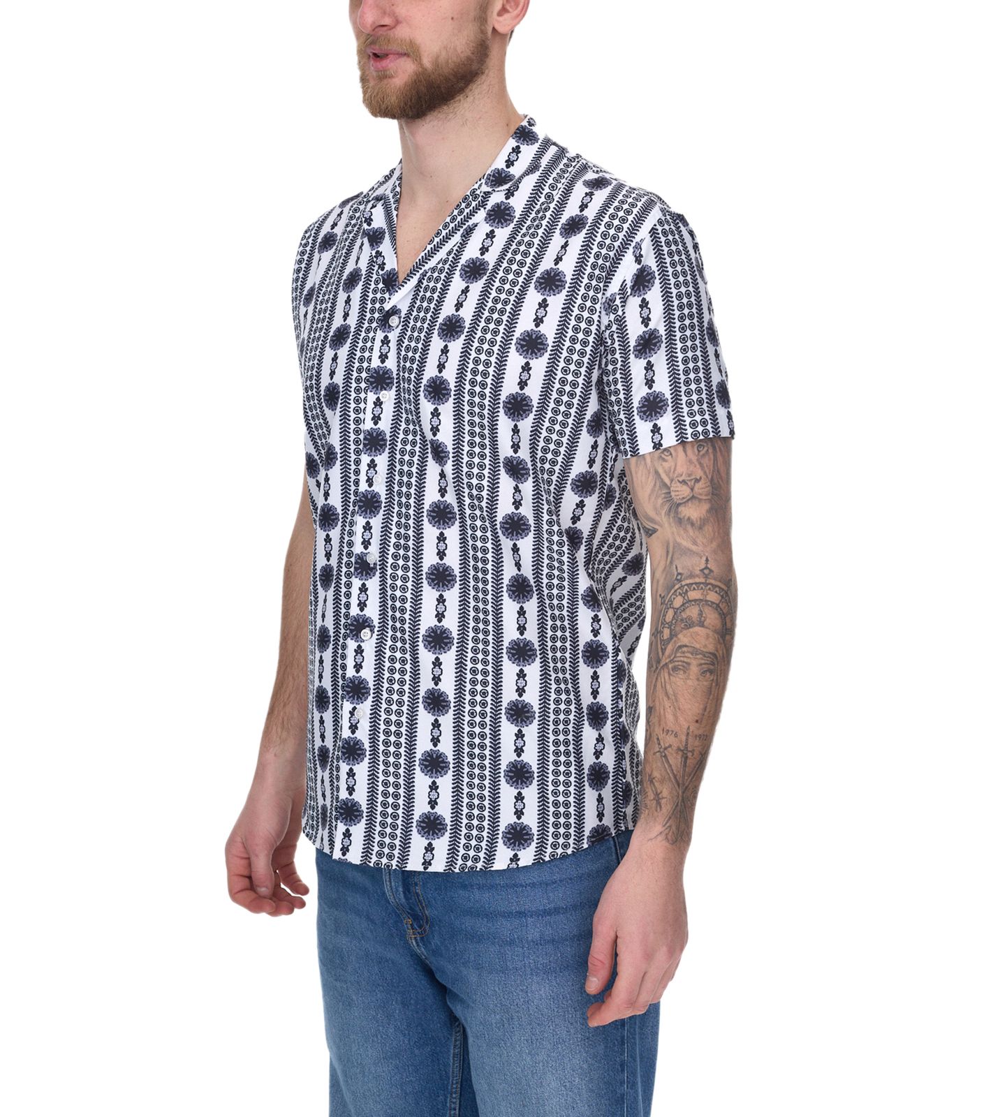 vsct Clubwear Herren Shirt mit Allover Geomatrix-Muster Kurzarm-Shirt mit Knopfleiste 5643309 Wei&szlig;/Schwarz
