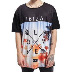 vsct Ibiza Love Herren Baumwoll T-Shirt mit großem Strand-Print Rundhals-Shirt 5643296 Schwarz
