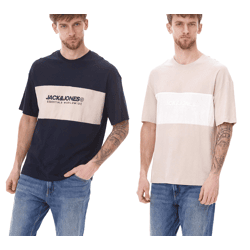 JACK & JONES Herren Rundhals-Shirt Baumwoll-Shirt T-Shirt Kurzarm-Shirt 12258883 Beige/Weiß oder Dunkelblau/Beige
