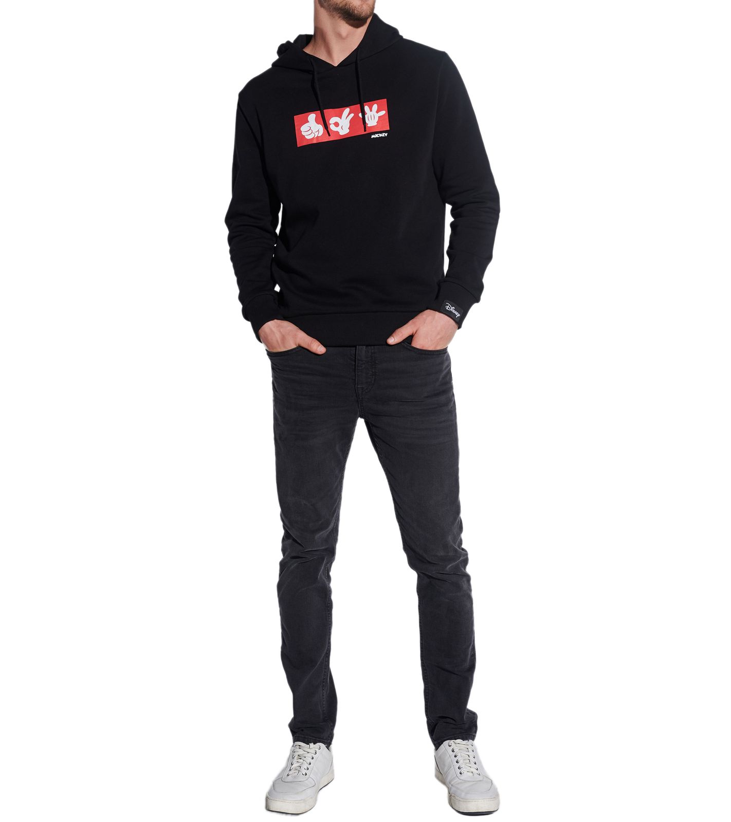 COURSE Mickey Mouse Herren Hoodie mit Mickey-Hand-Print und Patch Kapuzen-Pullover Baumwoll-Sweater 4846 Schwarz