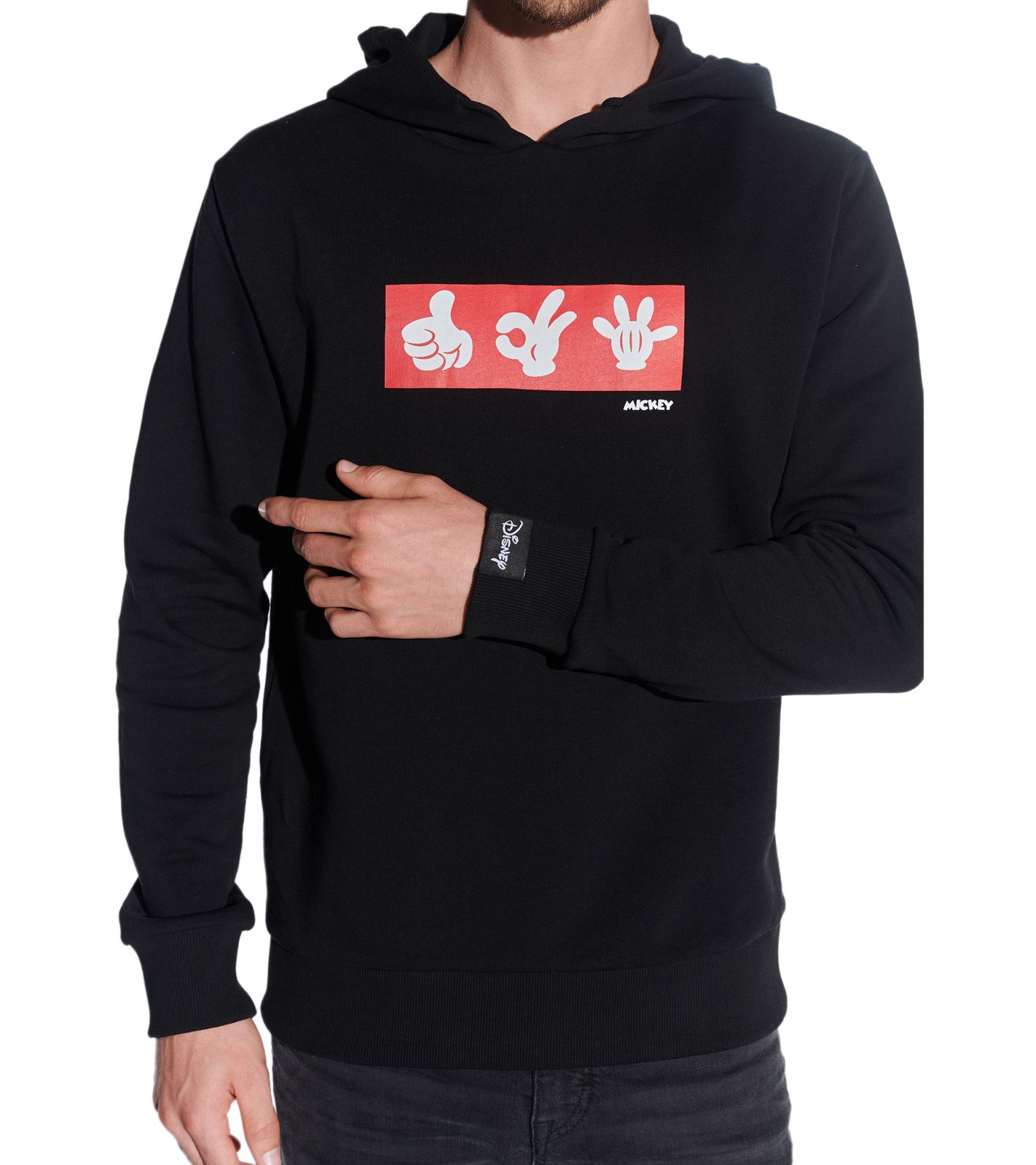 COURSE Mickey Mouse Herren Hoodie mit Mickey-Hand-Print und Patch Kapuzen-Pullover Baumwoll-Sweater 4846 Schwarz