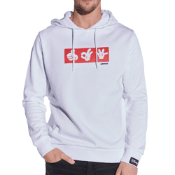 COURSE Mickey Mouse Herren Hoodie mit Mickey-Hand-Print und Patch Kapuzen-Pullover Baumwoll-Sweater 4845 Weiß