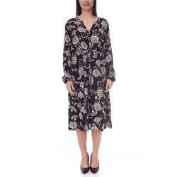 Tamaris Damen Midi-Kleid mit langen Ärmeln Web-Kleid mit V-Ausschnitt 28185858 Schwarz/Beige