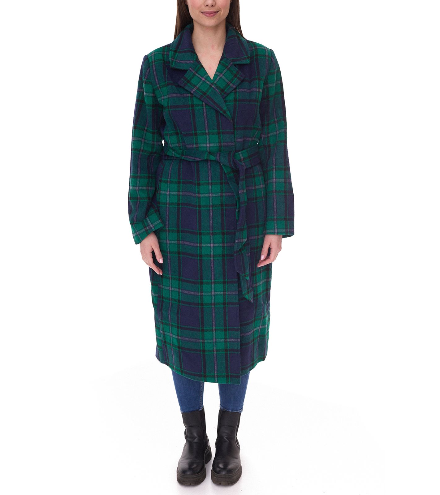 DELMAO Damen Mantel karierte Herbst-Jacke mit Reverskragen und Bindeg&uuml;rtel 17844429 Gr&uuml;n/Blau