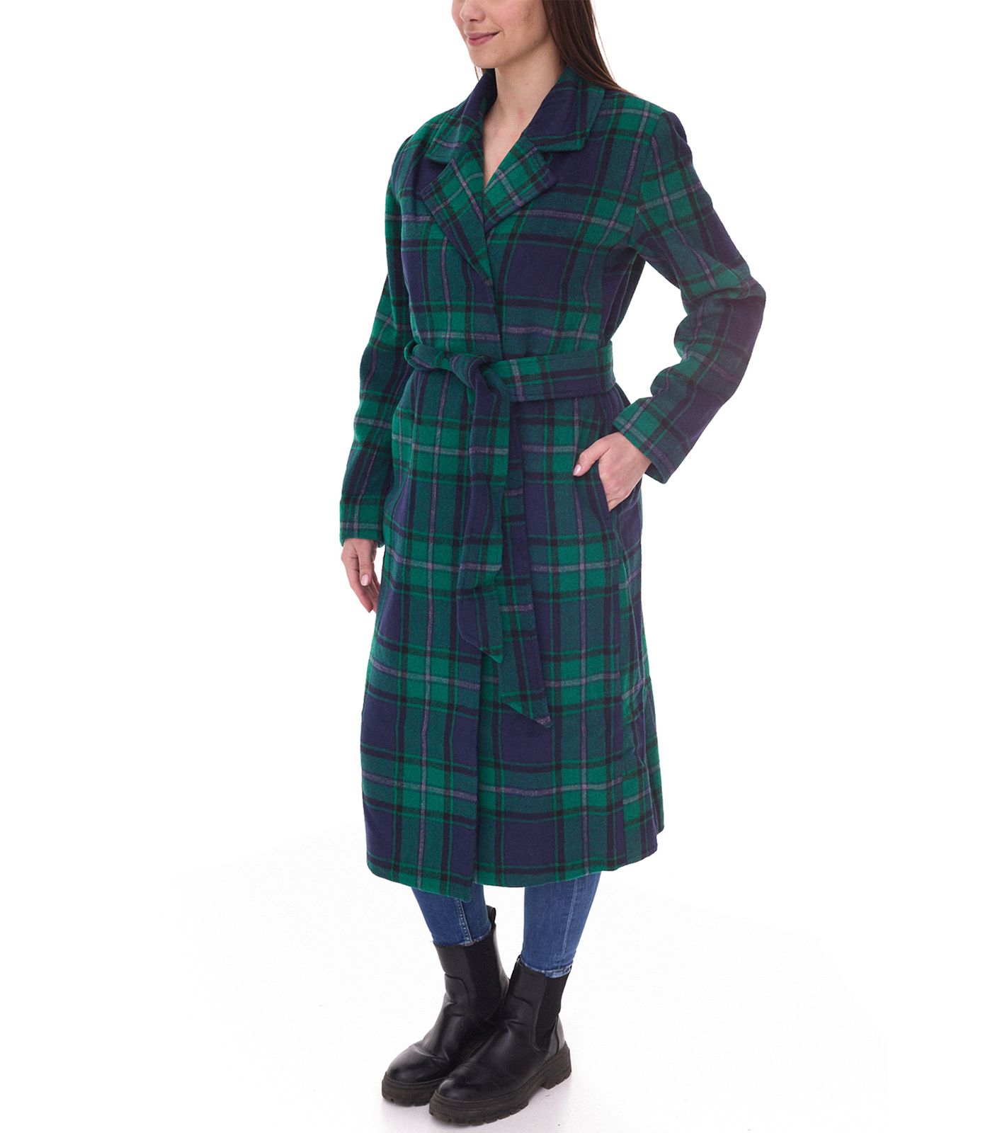 DELMAO Damen Mantel karierte Herbst-Jacke mit Reverskragen und Bindeg&uuml;rtel 17844429 Gr&uuml;n/Blau