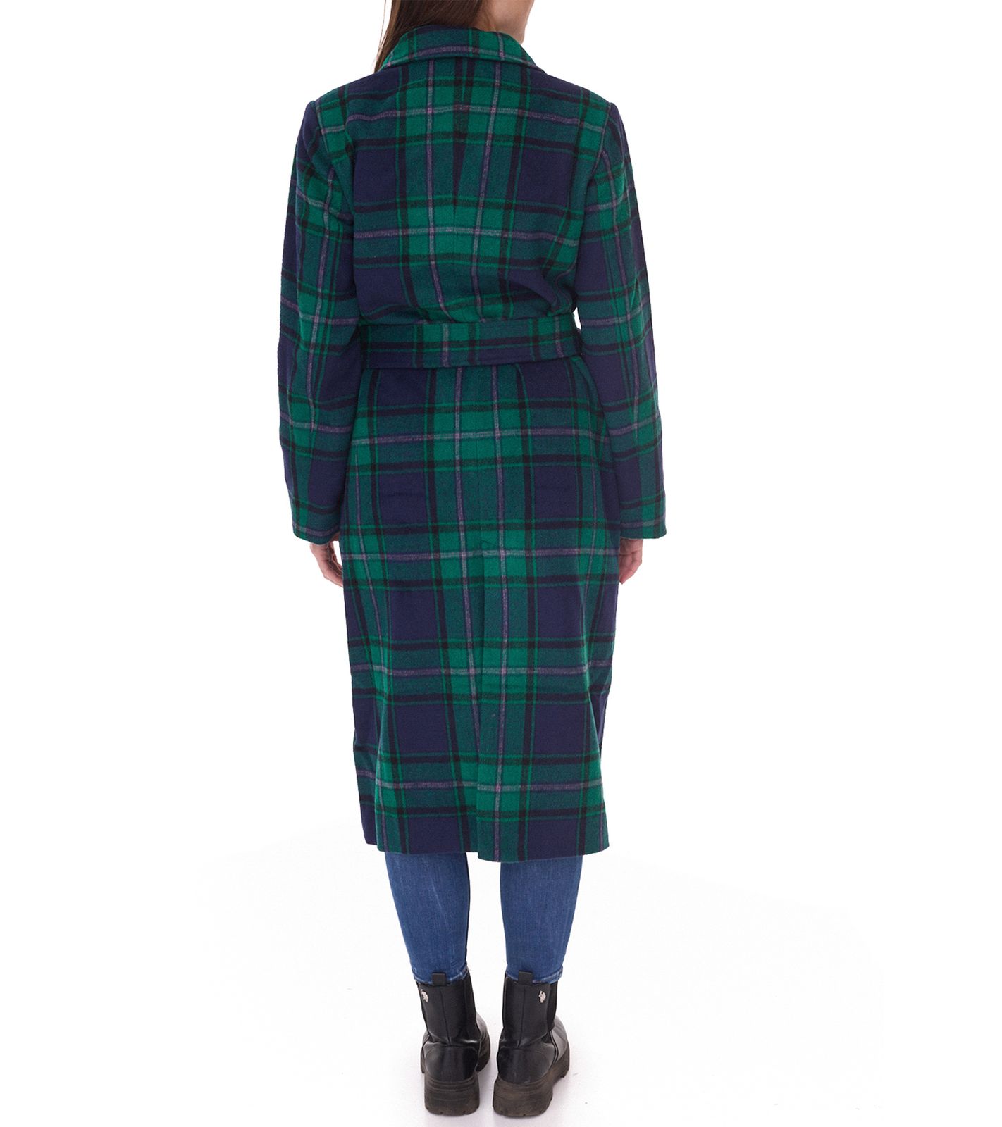 DELMAO Damen Mantel karierte Herbst-Jacke mit Reverskragen und Bindeg&uuml;rtel 17844429 Gr&uuml;n/Blau