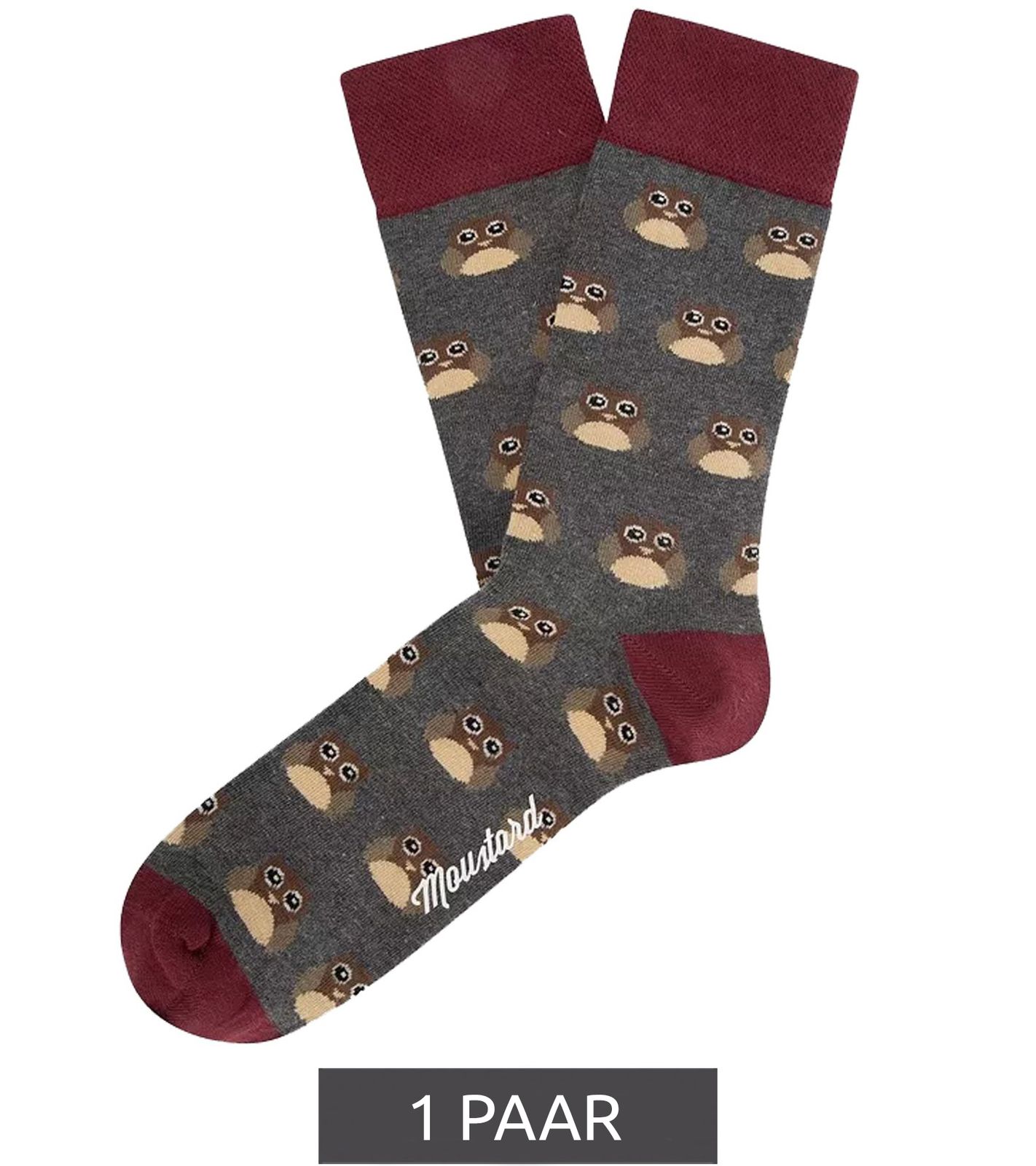 1 Paar Moustard Owl  Baumwoll-Socken mit Eulen-Allover-Print gemusterte lange Str&uuml;mpfe 20S-OWL Grau/Rot/Beige