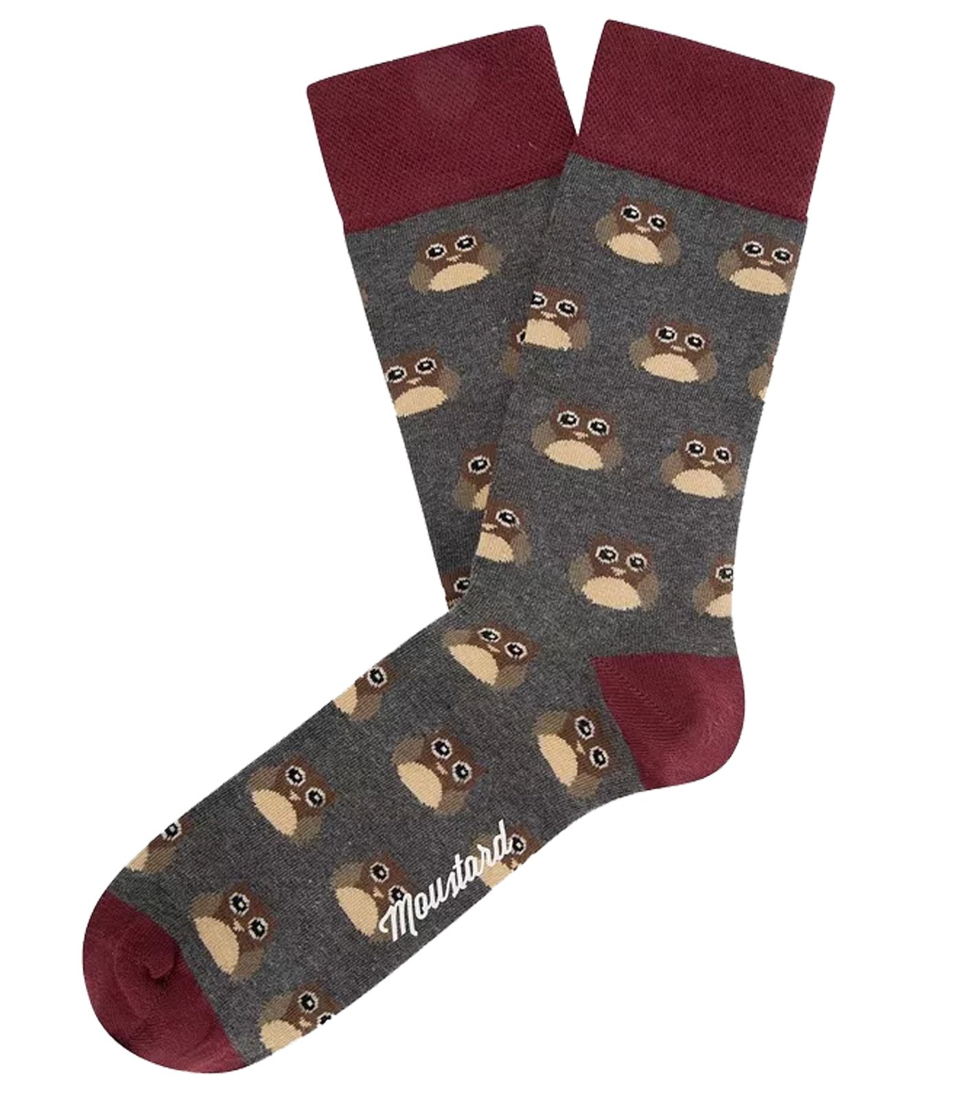 1 Paar Moustard Owl  Baumwoll-Socken mit Eulen-Allover-Print gemusterte lange Str&uuml;mpfe 20S-OWL Grau/Rot/Beige