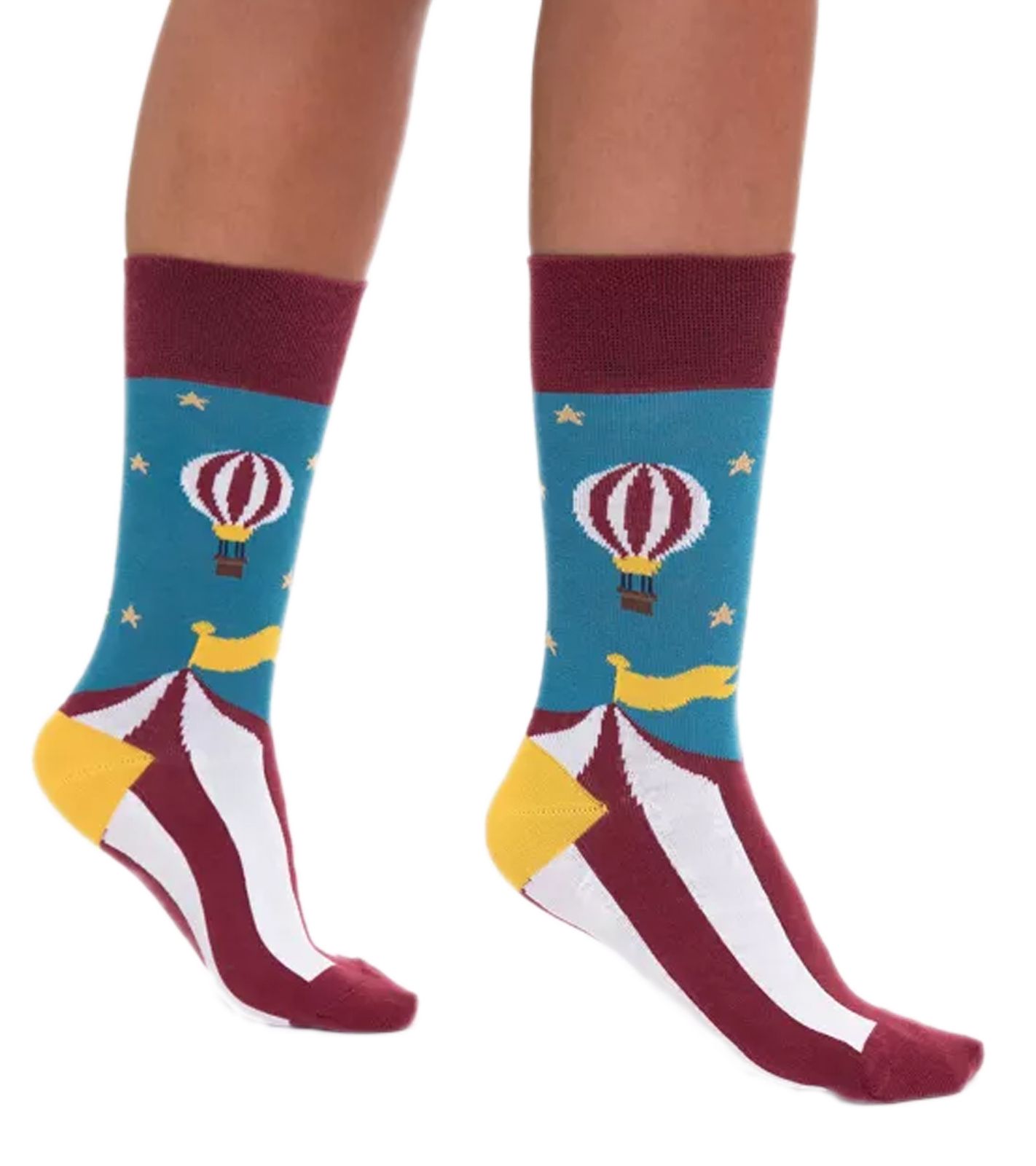 1 Paar Moustard Circus and Baloons Baumwoll-Socken Circus Design mit Heißluftballon gestreifte und gemusterte lange Strümpfe 20S-CIRCUS B