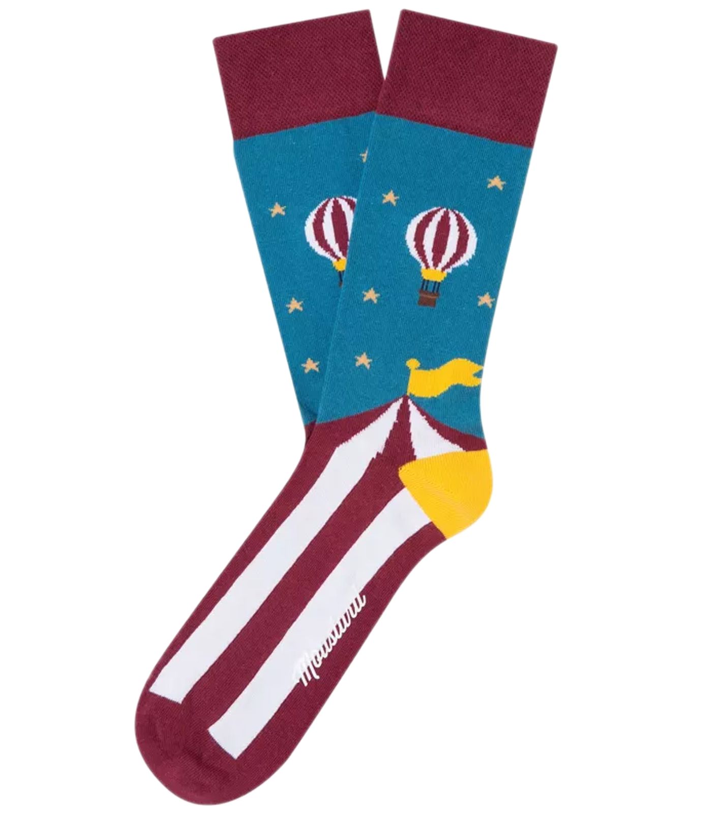1 Paar Moustard Circus and Baloons Baumwoll-Socken Circus Design mit Heißluftballon gestreifte und gemusterte lange Strümpfe 20S-CIRCUS B