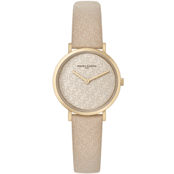 Pierre Cardin Damen vergoldete Armband-Uhr mit Marken-Kürzel-Print analoge Quarz-Uhr mit Leder-Armband 3ATM 31mm CBV.1503 Beige/Gold