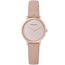 Pierre Cardin Damen Armband-Uhr mit Marken-Kürzel-Print analoge Quarz-Uhr mit Leder-Armband 3ATM 31mm CBV.1504 Rosa