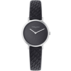 Pierre Cardin Damen Armband-Uhr mit Marken-Kürzel-Print analoge Quarz-Uhr mit Leder-Armband 3ATM 31mm CBV.1502 Schwarz/Silber