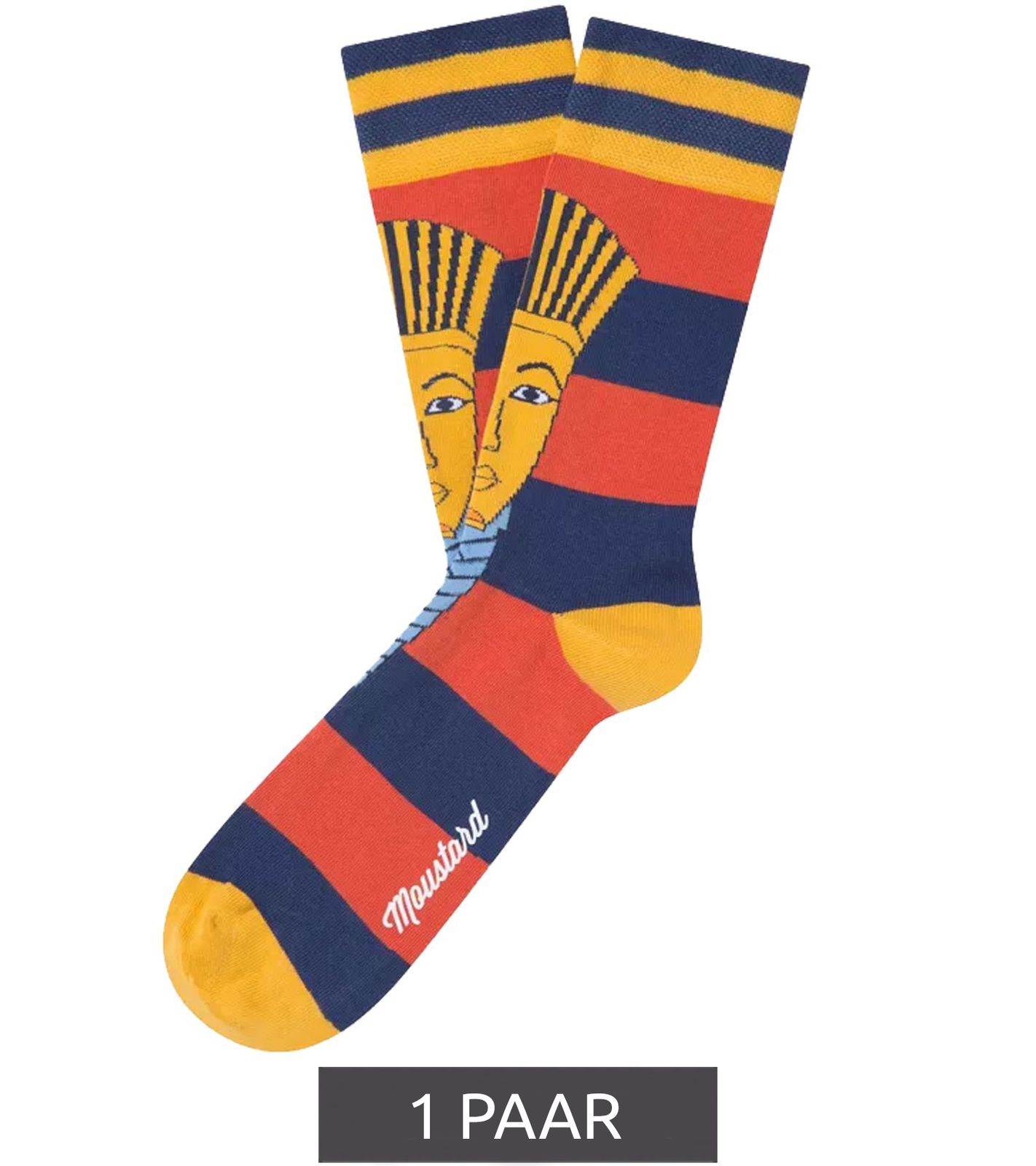 1 Paar Moustard Baumwoll-Socken mit Abbildung des Pharaos Tutanchamun gestreifte lange Str&uuml;mpfe 20S-TUTAN Blau/Rot/Gold