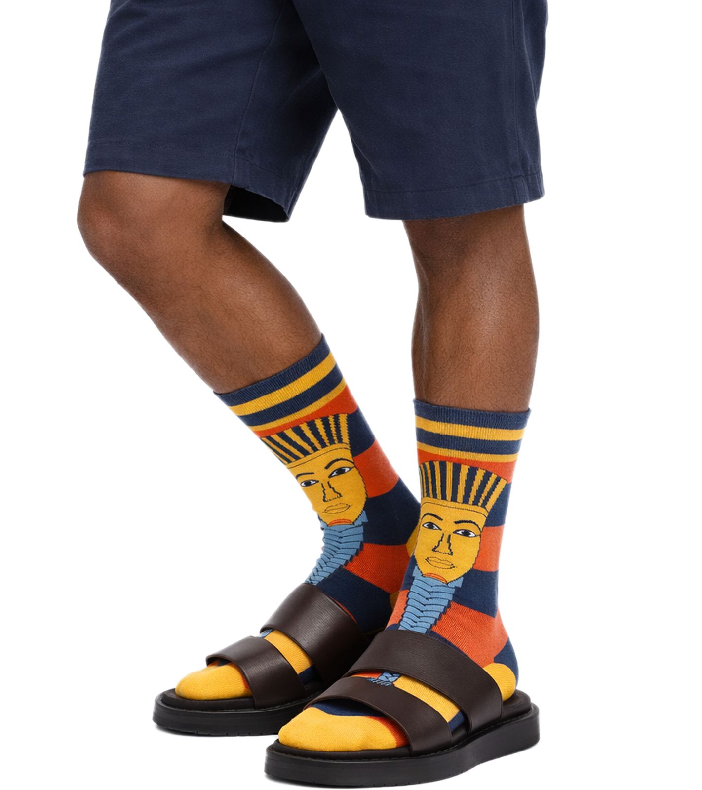 1 Paar Moustard Baumwoll-Socken mit Abbildung des Pharaos Tutanchamun gestreifte lange Str&uuml;mpfe 20S-TUTAN Blau/Rot/Gold