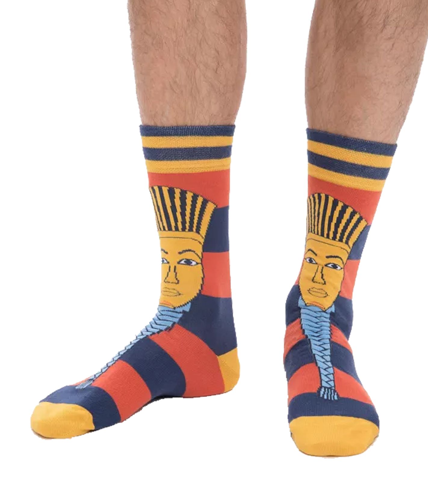 1 Paar Moustard Baumwoll-Socken mit Abbildung des Pharaos Tutanchamun gestreifte lange Str&uuml;mpfe 20S-TUTAN Blau/Rot/Gold