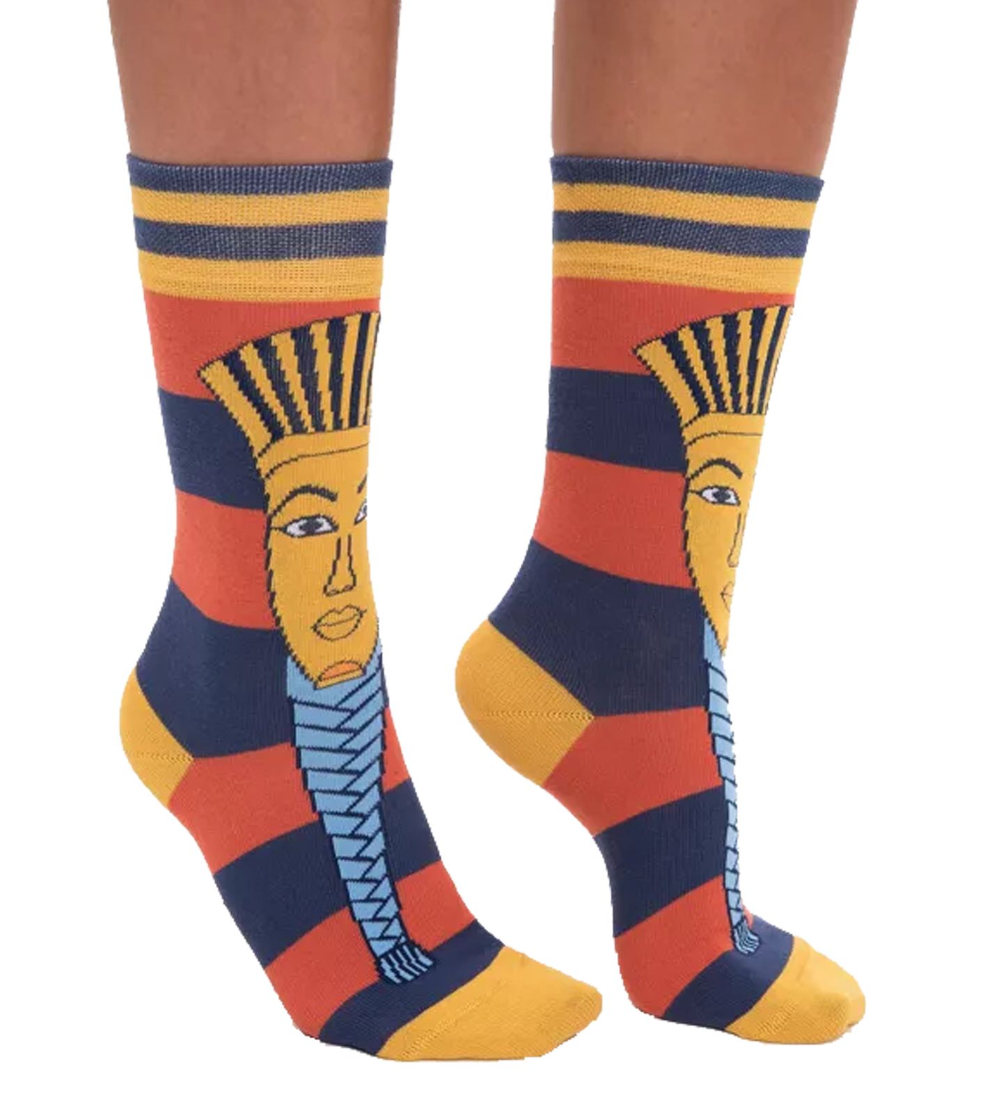 1 Paar Moustard Baumwoll-Socken mit Abbildung des Pharaos Tutanchamun gestreifte lange Str&uuml;mpfe 20S-TUTAN Blau/Rot/Gold