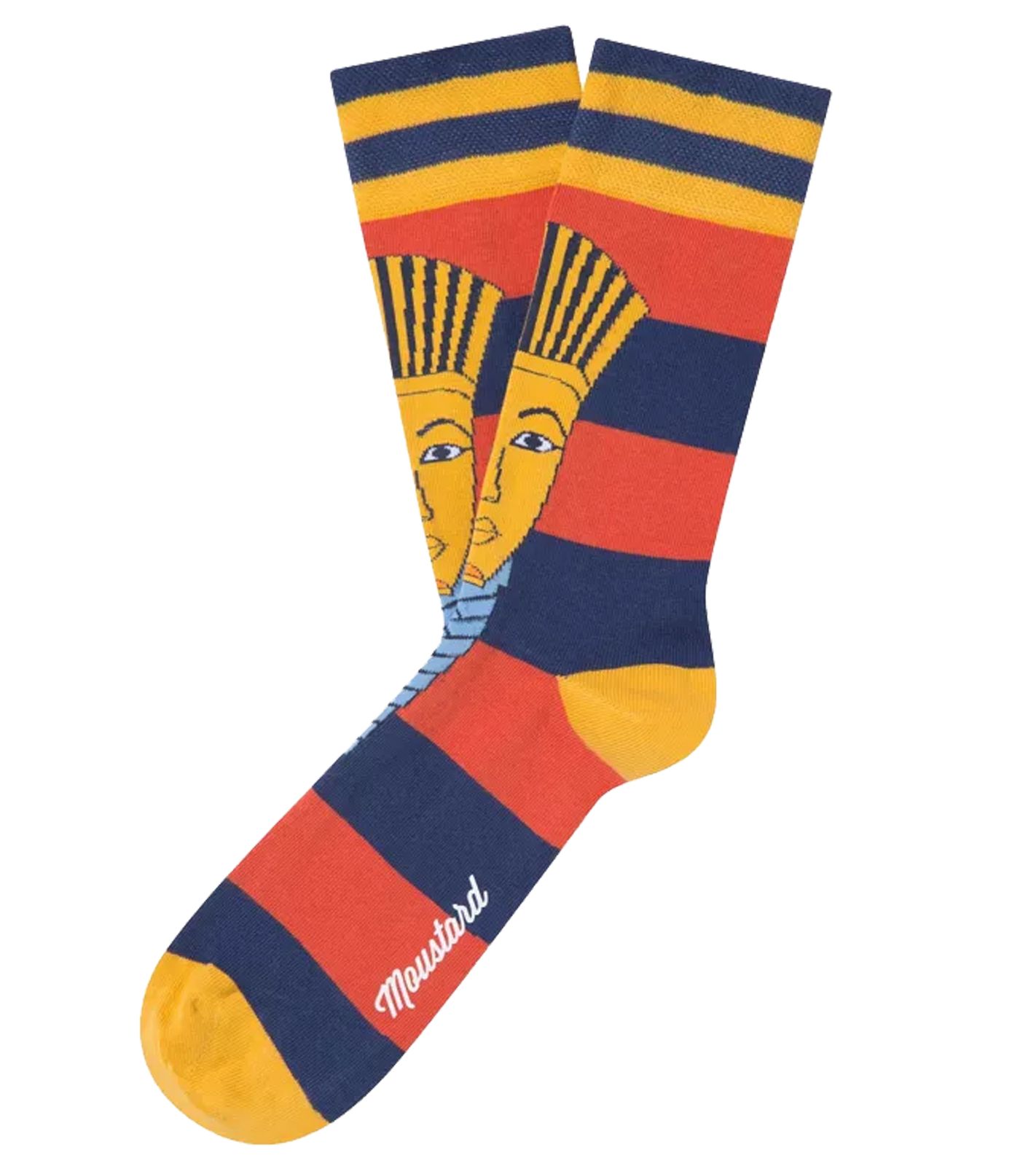 1 Paar Moustard Baumwoll-Socken mit Abbildung des Pharaos Tutanchamun gestreifte lange Str&uuml;mpfe 20S-TUTAN Blau/Rot/Gold