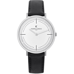 Pierre Cardin Herren analoge Quarz-Uhr mit Leder-Armband Armband-Uhr 3ATM 41mm CBV.1025 Silber/Schwarz