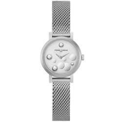Pierre Cardin Damen Armband-Uhr Ziffernblatt mit silbernen Kreis-Details analoge Quarz-Uhr mit Edelstahl-Armband 3ATM 28mm CCM.0503 Silber