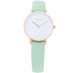 Pierre Cardin Women's Wristwatch with Brand Logo Print, Analog Quartz Watch with Leather Strap, 3ATM, 31mm, CBV.1511, Pastel Green/Gold