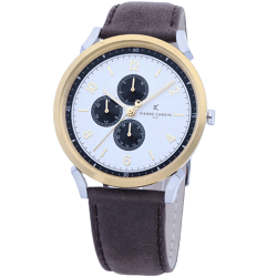 Pierre Cardin Herren Armband-Uhr mit Multi-Ziffernblatt analoge Quarz-Uhr mit Leder-Armband 3ATM 44mm CPI.2061 Braun/Gold/Silber