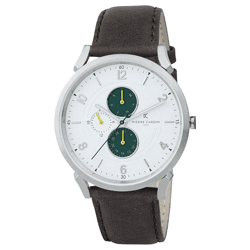 Pierre Cardin Herren Armband-Uhr mit Multi-Ziffernblatt analoge Quarz-Uhr mit Leder-Armband 3ATM 44mm CPI.2057 Silber/Braun/Grün