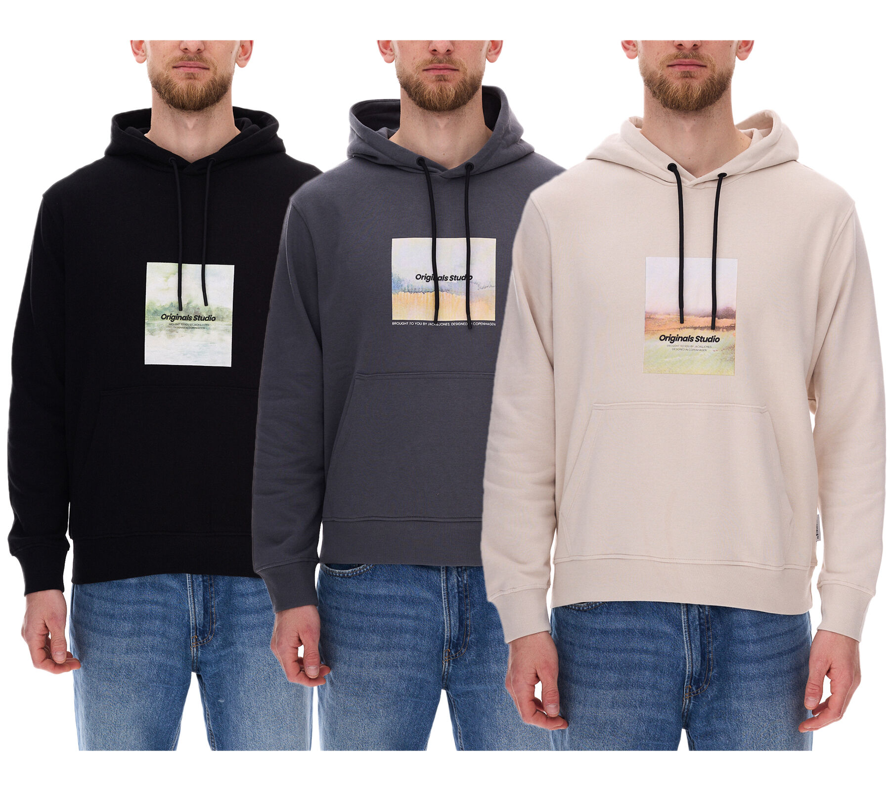 JACK & JONES Esterbro Newton Herren Kapuzen-Pullover Baumwoll-Pullover mit Originals Studio Print 12266801 Grau, Schwarz oder Beige