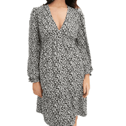 nachhaltiges Damen Mini-Kleid abstrakt bedrucktes Sommer-Kleid mit V-Ausschnitt Langarm-Kleid 910177 Schwarz/Hellbeige