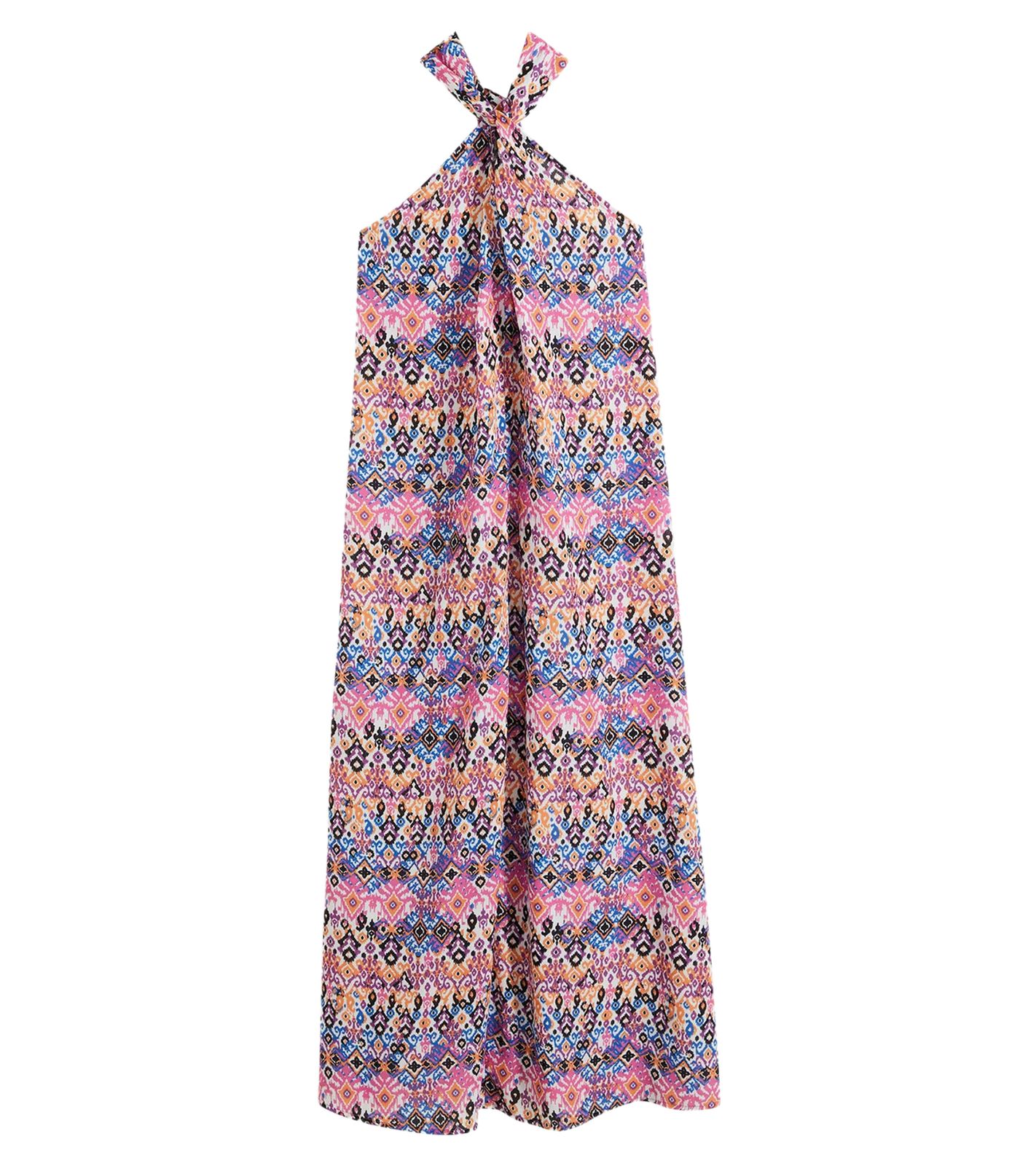 Damen Sommer-Kleid Neckholder-Kleid mit farbenfrohen Allover-Print &auml;rmelloses Maxi-Kleid 968836 Rosa/Orange/Schwarz