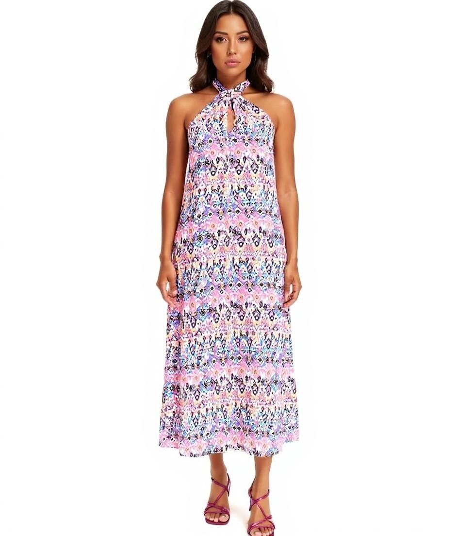 Damen Sommer-Kleid Neckholder-Kleid mit farbenfrohen Allover-Print &auml;rmelloses Maxi-Kleid 968836 Rosa/Orange/Schwarz