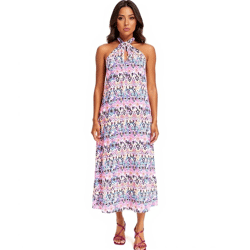 Damen Sommer-Kleid Neckholder-Kleid mit farbenfrohen Allover-Print ärmelloses Maxi-Kleid 968836 Rosa/Orange/Schwarz