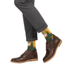 1 Paar Moustard Samurai Baumwoll-Socken mit Silhouette eines Samurai Kämpfers gemusterte lange Strümpfe 22S-SAMU Gelb/Orange/Weiß