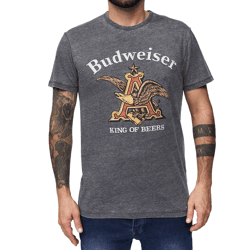 RE:COVERED X BUDWEISER Herren T-Shirt mit großem Logo Alltags-Shirt Baumwoll-Shirt Kurzarm-Shirt MMABI405 Grau