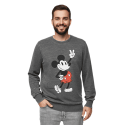 RE:COVERED X DISNEY Herren Rundhals-Pullover mit MICKEY MOUSE Print Alltags-Sweater mit Baumwollanteil MMDIS2489 Grau
