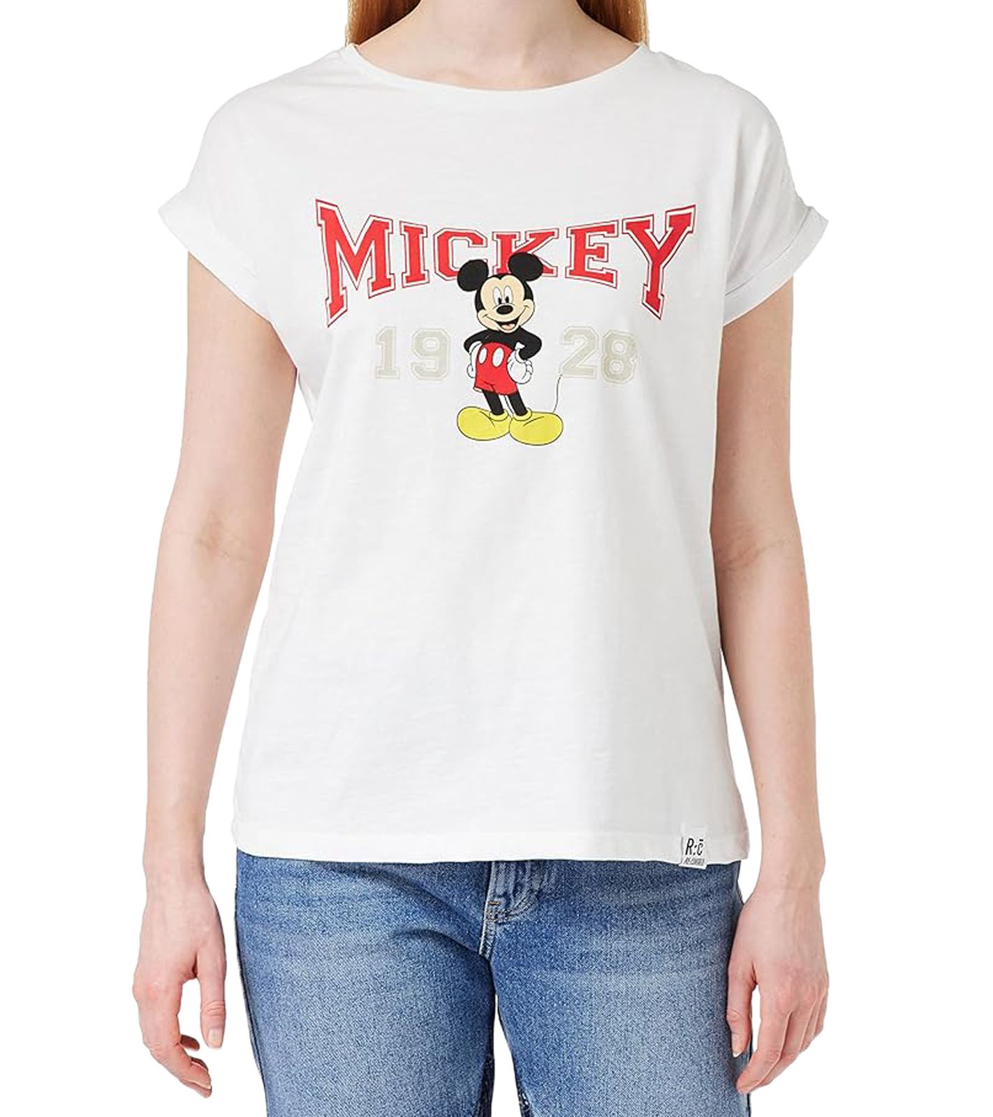 RE:COVERED X Disney Damen T-Shirt mit Mickey Mouse 1928 Print Baumwoll-Shirt Rundhals-Shirt RCDIF2061 Wei&szlig;