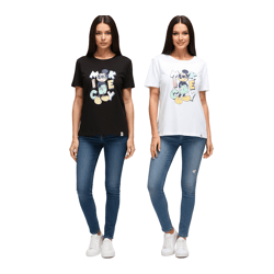 RE:COVERED X Disney Damen nachhaltiges T-Shirt mit Mickey Mouse Aufdruck in Pastell-Farben Baumwoll-Shirt Rundhals-Shirt RCDIF207 Weiß ode