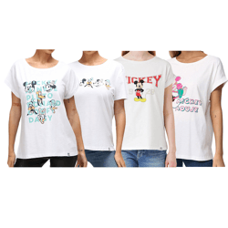RE:COVERED X Disney Damen T-Shirt mit Mickey Mouse and Friends oder Mickey Mouse 1928 Aufdruck Baumwoll-Shirt Rundhals-Shirt Weiß