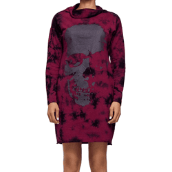 ROCKUPY Damen Sweat-Kleid mit Totenkopf-Print Pullover-Kleid Langarm-Kleid W-393822 Bordeaux/Schwarz