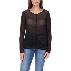 Aniston CASUAL Damen Langarm-Shirt durchsichtiger Alltags-Pullover mit V-Ausschnitt Sommer-Shirt 90880825 Schwarz